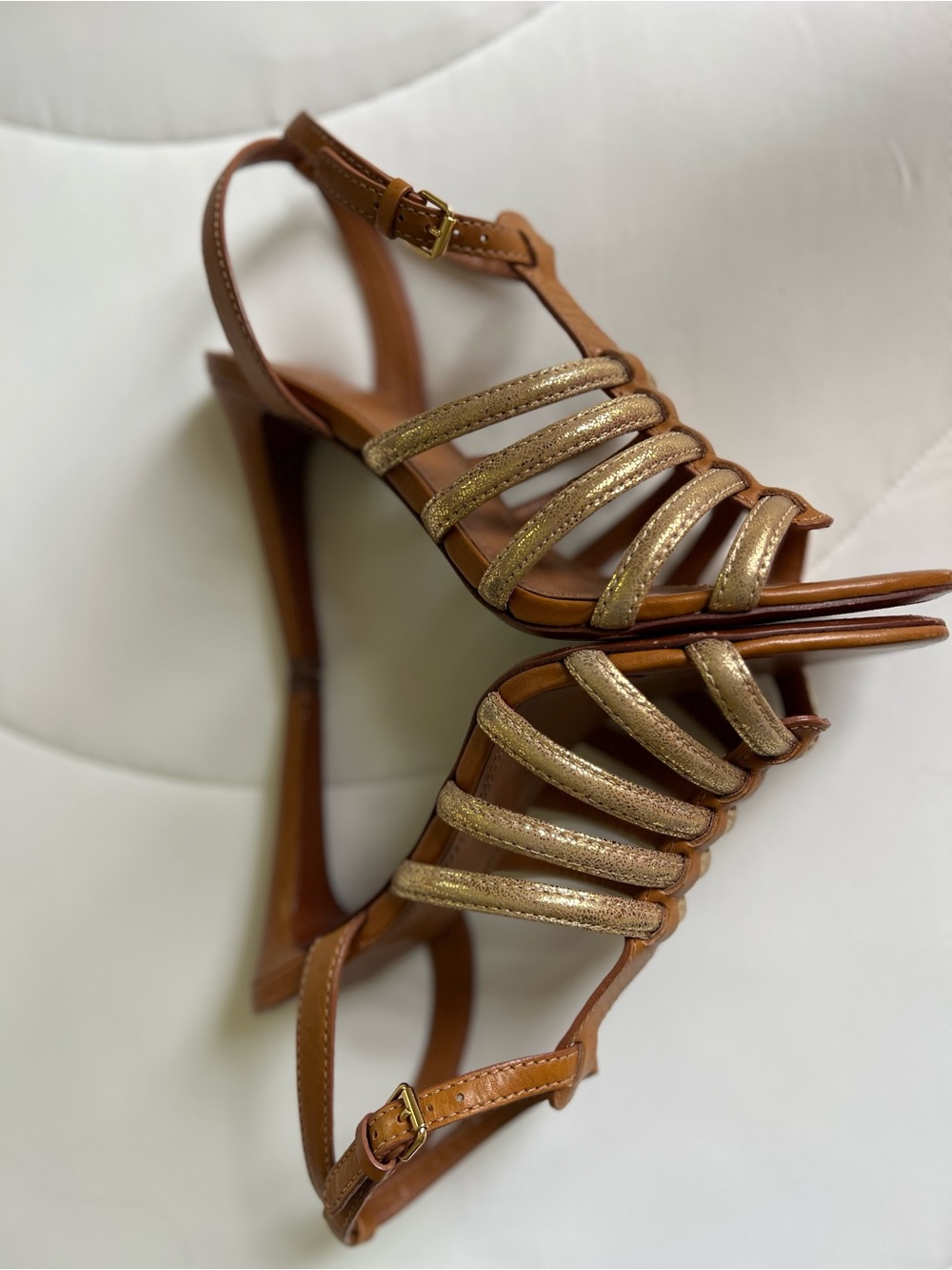 Tory Burch Leather Charlene Women's Tan and Gold Gladiator Heel Sandals size 7.5 - Picture 6 of 9